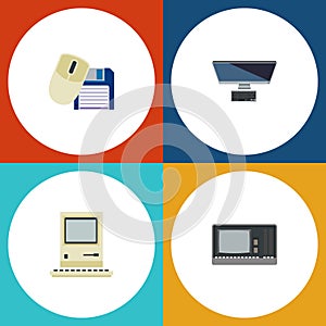 Flat Icon Laptop Set Of Computing, Computer Mouse, PC And Other Vector Objects. Also Includes Retro, Mouse, Computer