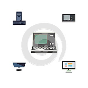 Flat Icon Laptop Set Of Display, Technology, PC And Other Vector Objects. Also Includes Computer, Display, Vintage