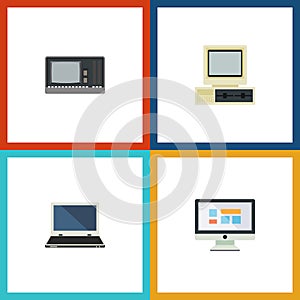 Flat Icon Laptop Set Of Notebook, Computer, Vintage Hardware And Other Vector Objects. Also Includes Display, Computer