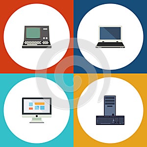 Flat Icon Laptop Set Of Notebook, Display, Processor And Other Vector Objects. Also Includes Keyboard, Processor