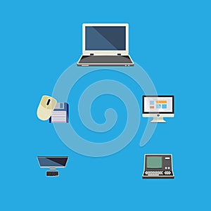 Flat Icon Laptop Set Of Notebook, PC, Computer Mouse And Other Vector Objects. Also Includes Screen, Mouse, Laptop