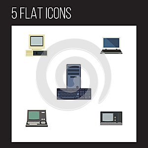 Flat Icon Laptop Set Of Notebook, Processor, Computer And Other Vector Objects. Also Includes Computer, Retro, Laptop
