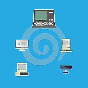 Flat Icon Laptop Set Of Technology, Display, PC And Other Vector Objects. Also Includes Retro, Vintage, Monitor Elements