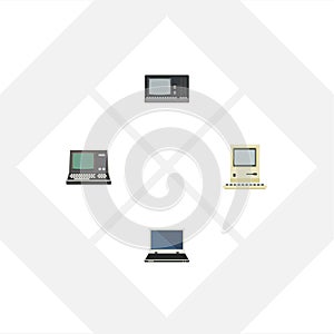 Flat Icon Laptop Set Of Technology, Vintage Hardware, Notebook And Other Vector Objects. Also Includes Computer, Vintage