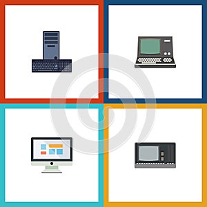 Flat Icon Laptop Set Of Vintage Hardware, Processor, Technology And Other Vector Objects. Also Includes Processor