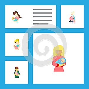 Flat Icon Mam Set Of Child, Kid, Woman And Other Vector Objects. Also Includes Perambulator, Mother, Newborn Elements.