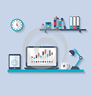 Flat icon of modern office interior with designer desktop