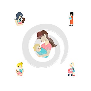 Flat Icon Mother Set Of Child, Baby, Mother And Other Vector Objects. Also Includes Mam, Mother, Perambulator Elements.