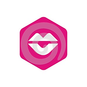 Flat icon with mouth. Women lips on red hexagon shape - Vector