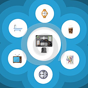 Flat Icon Oneday Set Of Cappuccino, Timer, Watch And Other Vector Objects. Also Includes Watch, Cup, Broadcast Elements. photo