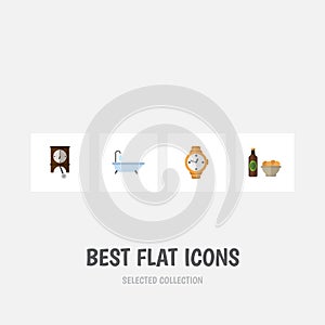 Flat Icon Oneday Set Of Clock, Beer With Chips, Timer And Other Vector Objects. Also Includes Chips, Tub, Timer Elements