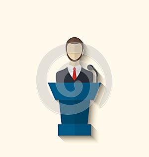 Flat icon of orator speaking from rostrum, long shadow style
