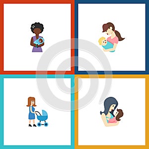Flat Icon Parent Set Of Perambulator, Mam, Child And Other Vector Objects. Also Includes Parent, Mother, Perambulator