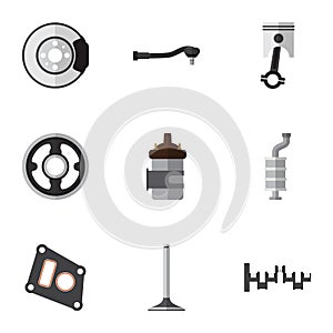 Flat Icon Parts Set Of Gasket, Conrod, Belt And Other Vector Objects. Also Includes Steel, Metal, Engine Elements.