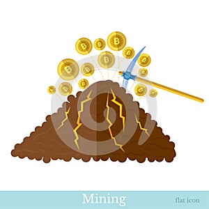 Flat icon with picks bit rock bit coins fly out. Mining bit coin business illustration isolated