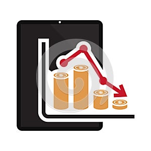 Flat icon a recession or stock market crash with red arrow and chart isolated on the tablet