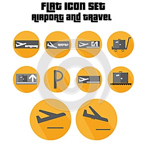 Flat Icon Set Arrivals, Departure, Suitcase Sign With Plane In The Airport