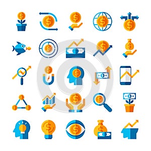 Flat icon set business investment, money marketing financial trading fund management