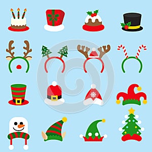 Flat icon set Christmas carnivals caps. Santa Claus hat.