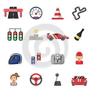 Flat icon set of formula 1 cars and racing symbols