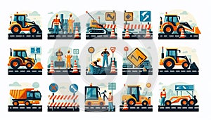 Flat icon set of road repair equipment and workers AI photo