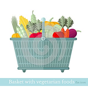 Flat icon shop basket with different vegetarian foods on white