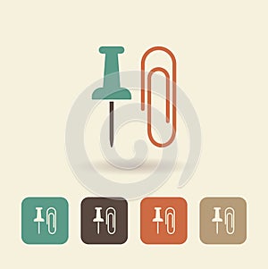 Flat icon stationery. Paper clip and thumbtack