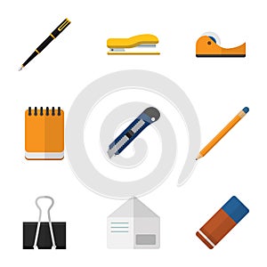 Flat Icon Stationery Set Of Supplies, Paper Clip, Nib Pen And Other Vector Objects. Also Includes Tool, Supplies