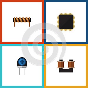 Flat Icon Technology Set Of Bobbin, Transducer, Cpu And Other Vector Objects. Also Includes Spool, Bobbin