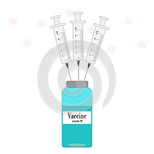 Flat icon three syringes in a vial with a vaccine. Isolated on a blue background. Copy space. Place for text.