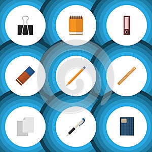 Flat Icon Tool Set Of Notepaper, Drawing Tool, Pencil And Other Vector Objects. Also Includes File, Memo, Notebook