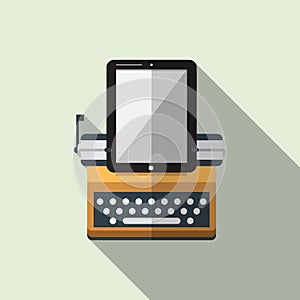 Flat icon of typewriter combine tablet with long shadow.