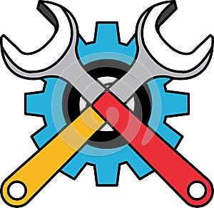 flat icon vector of Two wrenches and a rear gear