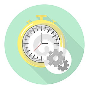 Flat icon of vintage clock with gears in the corner