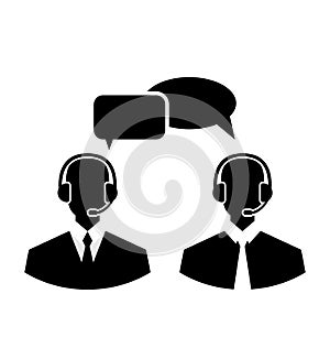 Flat icons of call center silhouette mans operators wearing head photo