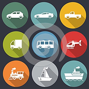 Flat icons for car,truck,bus,helicopter,pickup truck,train,boat,ship,transportation,vector illustrations