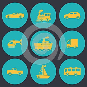 Flat icons for car,truck,bus,helicopter,pickup truck,train,boat,ship,transportation,vector illustrations