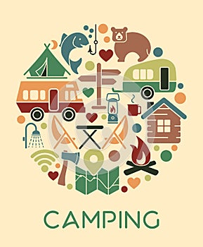 Flat icons in the circle shape on the theme of camping and outdoor recreation