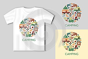 Flat icons in the circle shape on the theme of camping and outdoor recreation. Vector concept with t-shirt mockup