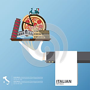 Flat icons design of Italy landmarks. Global travel infographic .