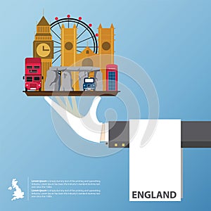 Flat icons design of United Kingdom landmarks. Global travel infographic .