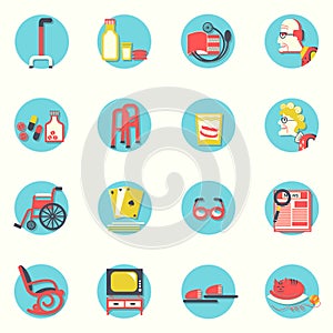 Flat icons.Elderly people and objects for life