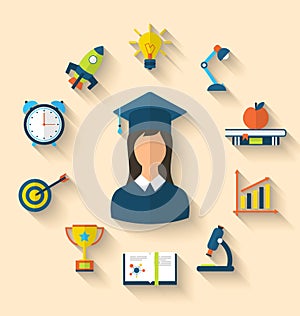 Flat icons of graduation and objects for high school and college