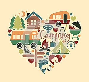 Flat icons in the heart shape on the theme of camping and outdoor recreation