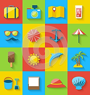 Flat icons of holiday journey, summer pictogram, sea leisure