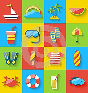 Flat icons of holiday journey, summer symbols, sea leisure
