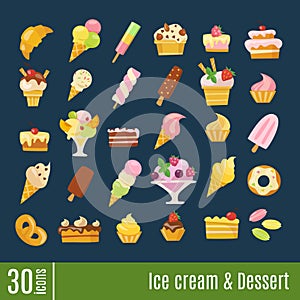 Flat icons in Ice Cream and Dessert info-graphic icons set.