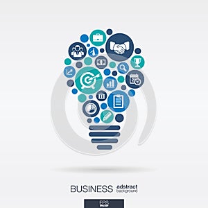 Flat icons in a idea bulb shape, business, marketing research, strategy, analytics concepts.