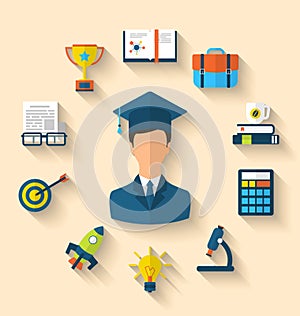 Flat icons of magister and objects for high school and college