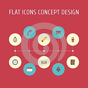 Flat Icons Pen Holder, Contact, Desk Light And Other Vector Elements. Set Of Bureau Flat Icons Symbols Also Includes